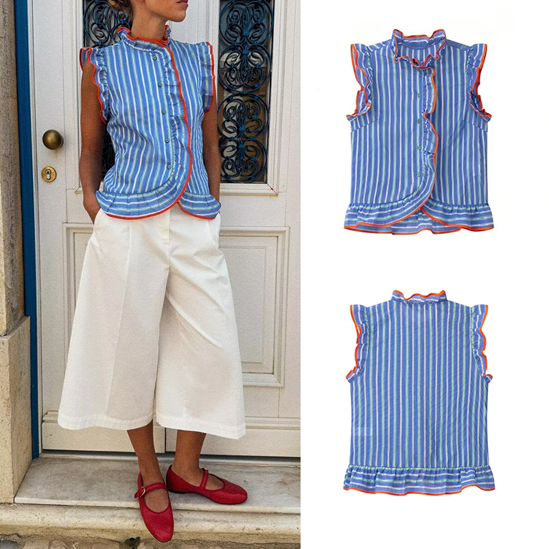 Shirt Camp Collar - Blauw dameshemd met verticale strepen, mouwloos,
