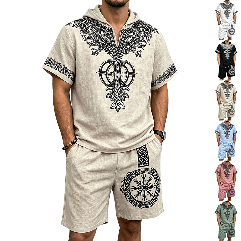 Short Linen Drawstring - Heren linnenlook Viking boomprint halfrits hooded