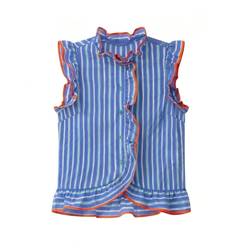 Blauw dameshemd met verticale  - Shirt Camp Collar recensie en prijs